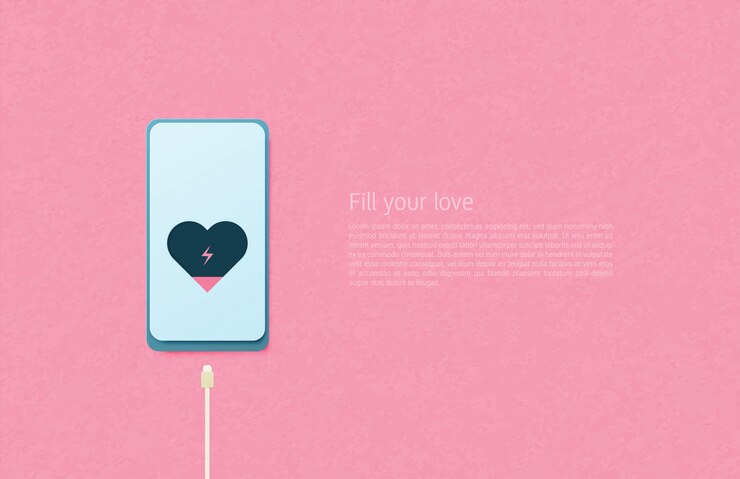 Ilustración del concepto de arte de papel de amor. Cable de carga del corazón en el teléfono celular sobre fondo rosa