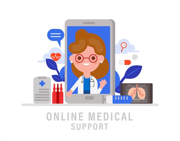 Ilustración de concepto de asistencia médica en línea. Doctora en línea en la pantalla del teléfono inteligente. Dibujos animados de vector de estilo de diseño plano.