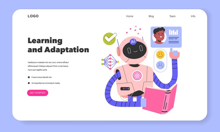Vector ilustración del concepto de asistentes robóticos de una ia que aprende y se adapta con análisis que mejora el usuario