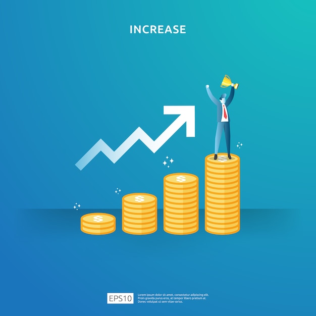 Ilustración de concepto de aumento de tasa de salario de ingresos con carácter de personas y flecha. Rendimiento financiero del retorno de la inversión ROI. crecimiento de las ganancias comerciales, la venta aumenta los ingresos del margen con el símbolo del dólar
