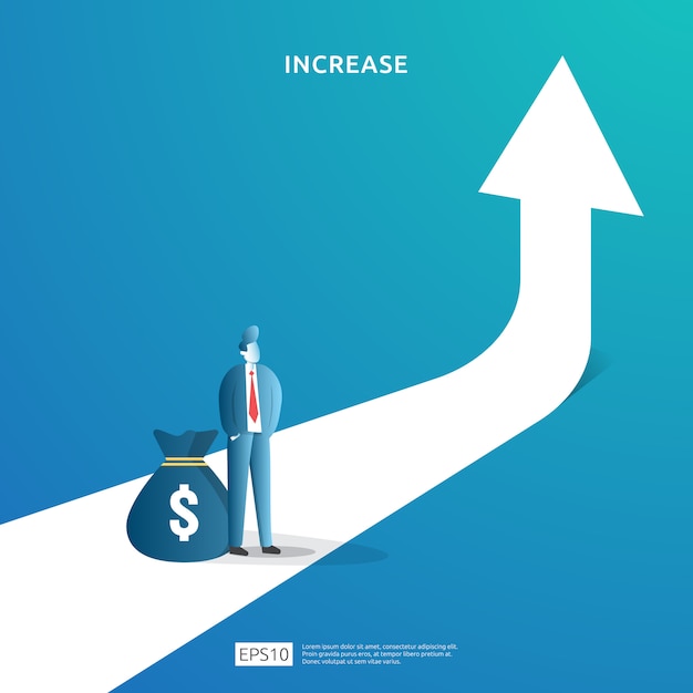 Ilustración de concepto de aumento de tasa de salario de ingresos con carácter de personas y flecha. Rendimiento financiero del retorno de la inversión ROI. crecimiento de las ganancias comerciales, ventas aumentan los ingresos del margen con el símbolo del dólar