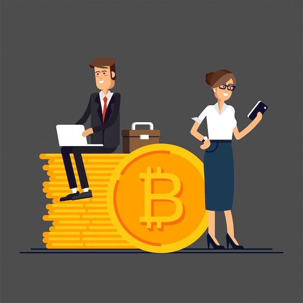 Ilustración del concepto de bitcoin del empresario y empresaria usando una computadora portátil y un teléfono inteligente para la financiación en línea y haciendo inversiones para bitcoin y blockchain.