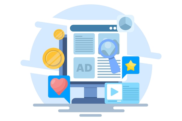 Ilustración concepto de blog hacer dinero con campañas publicitarias o blog en contenido publicitario