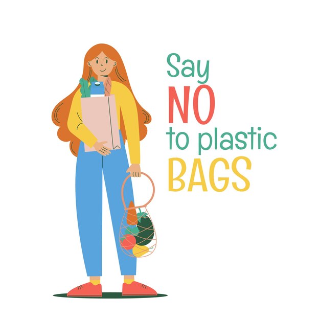 Ilustración del concepto de cero residuos Una mujer con bolsas reutilizables Frase decir no a las bolsas de plástico
