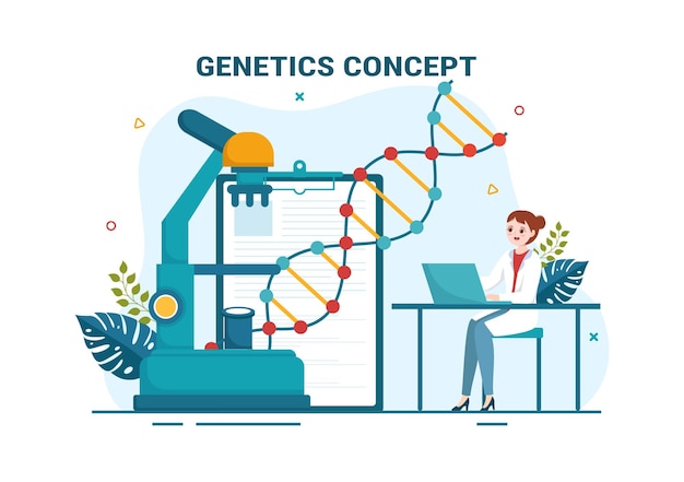 Ilustración del concepto de ciencia genética con estructura y tecnología de moléculas de adn en el cuidado de la salud