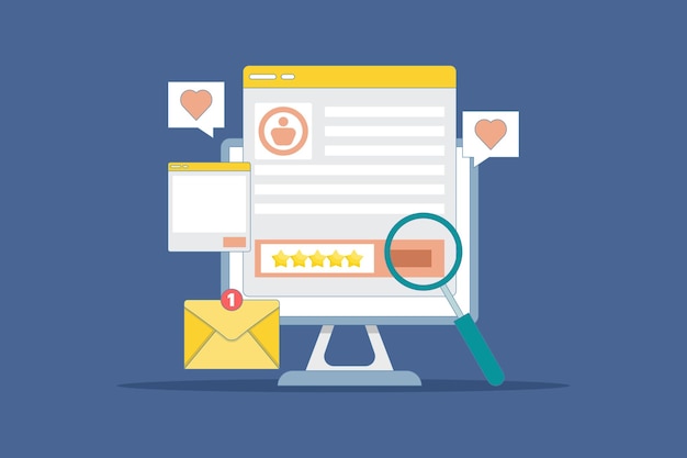 Ilustración Concepto Los clientes comparten calificaciones de productos en sitios web o estrategias de marketing de marcas