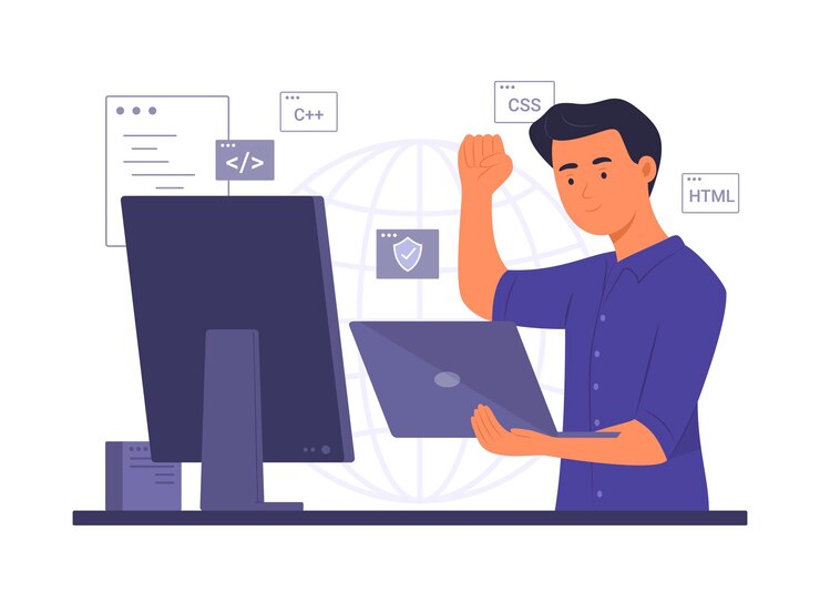 Vector ilustración del concepto de codificación de procesos de hombre programador para el desarrollo de software