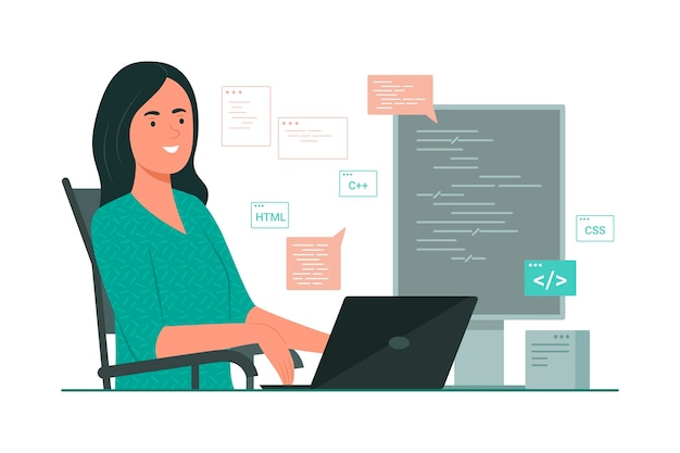 Vector ilustración del concepto de codificación de procesos de mujer programadora para el desarrollo de software