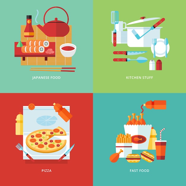 Ilustración de concepto de comida y cocina. Cocina japonesa de sushi, vajilla, pizza. Comida rápida. Cocinar comida. s.