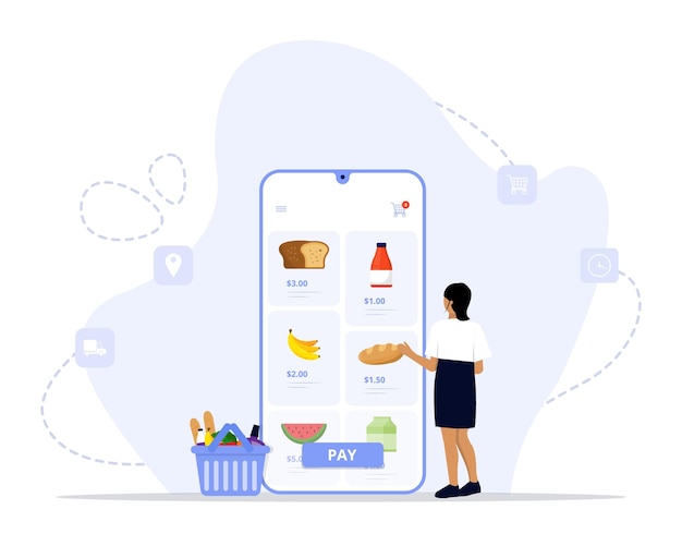 Ilustración del concepto de compra de comestibles en linea