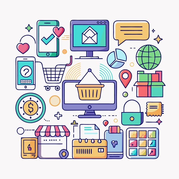 Ilustración del concepto de compras en línea con íconos de carrito de compras tarjetas de crédito teléfono inteligente computadora globo caja de entrega candado y tienda