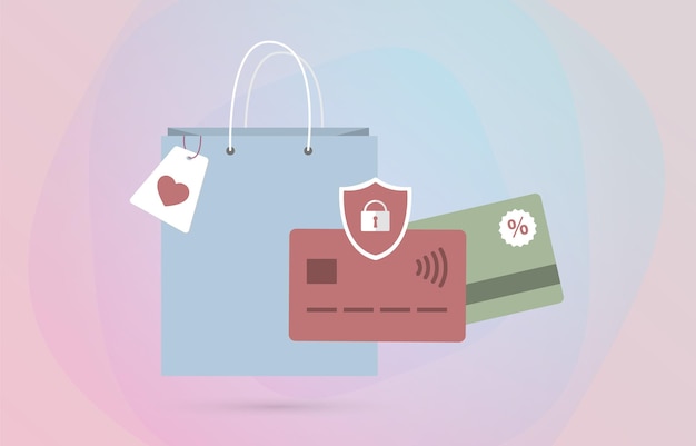 Ilustración del concepto de compras en línea con tarjeta de crédito y bolsa de compras