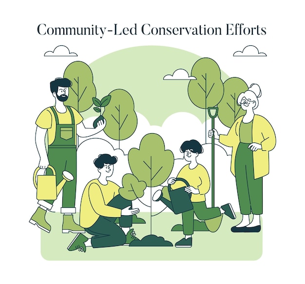 Ilustración del concepto de conservación del ecosistema de personas que participan en la plantación y el cuidado de árboles