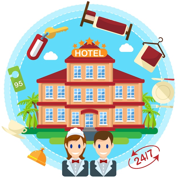 Vector ilustración de concepto creativo plano de servicio de hotel, llave, mucama, campana, cama, cinco estrellas, 24 horas, para carteles y pancartas