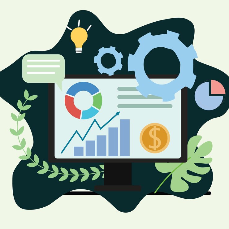 Vector ilustración del concepto de crecimiento empresarial digital con gráfico empresarial en la pantalla del monitor