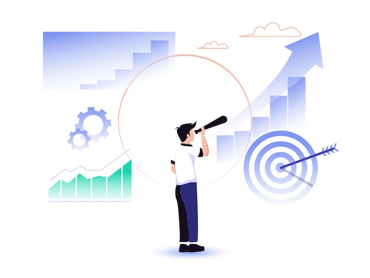 Vector ilustración del concepto de crecimiento empresarial el hombre de negocios está mirando el gráfico de la empresa
