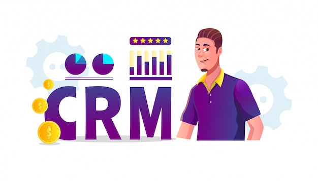 Vector ilustración del concepto de crm (gestión de relaciones con el cliente) con estadísticas comerciales y clientes los hombres adultos están revisando