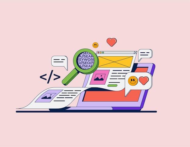 Ilustración del concepto de desarrollo web con computadora y codificación y SEO o marketing
