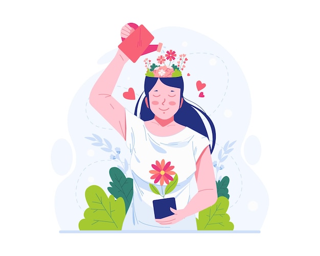 Ilustración del concepto del Día Mundial de la Salud Mental con una mujer regando flores que crecen en su cabeza