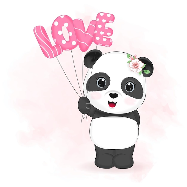 Vector ilustración de concepto de día de san valentín lindo panda y globo