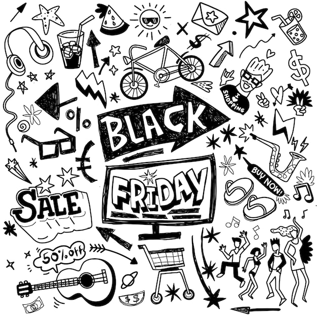 Ilustración de concepto dibujado a mano de venta de viernes negro Letras de mano de venta de viernes negro y elementos de garabatos y símbolos de fondo.