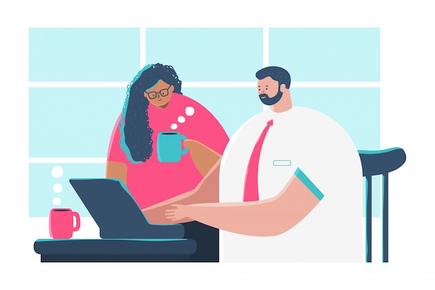 Ilustración de concepto de dibujos animados de reunión de negocios de un hombre y una mujer en la computadora con una taza de café.