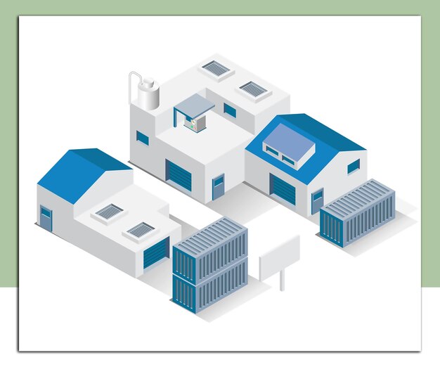 Ilustración del concepto de diseño isométrico de edificios de fábricas industriales y almacenes