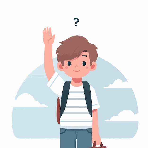 Vector ilustración de un concepto de diseño plano de un joven estudiante masculino levantando la mano para hacer una pregunta