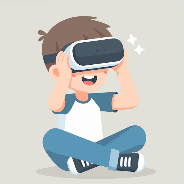 Ilustración del concepto de diseño plano de un niño explorando el mundo virtual con tecnología de realidad virtual