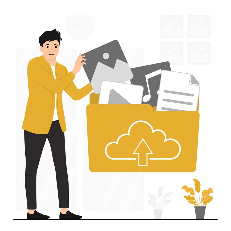 Vector ilustración del concepto del documento de carga de archivo vectorial plano al sistema de archivo en la nube