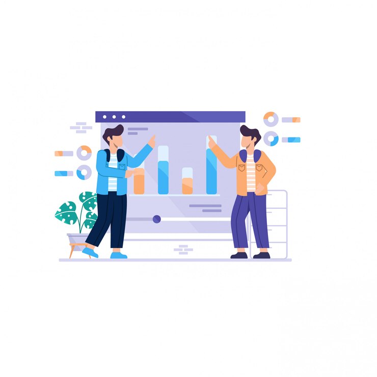 Vector ilustración de concepto de dos hombres con gráficos en el tablero de instrumentos web