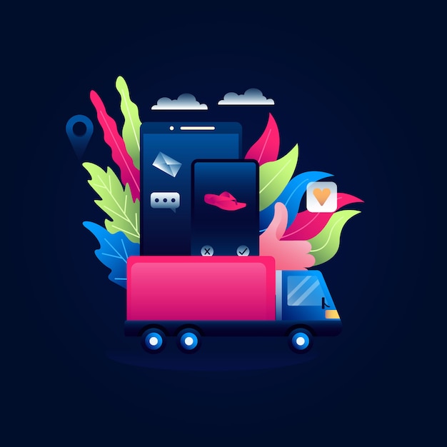 Ilustración del concepto de Dropshipping de compras en línea por caja de automóvil en móvil