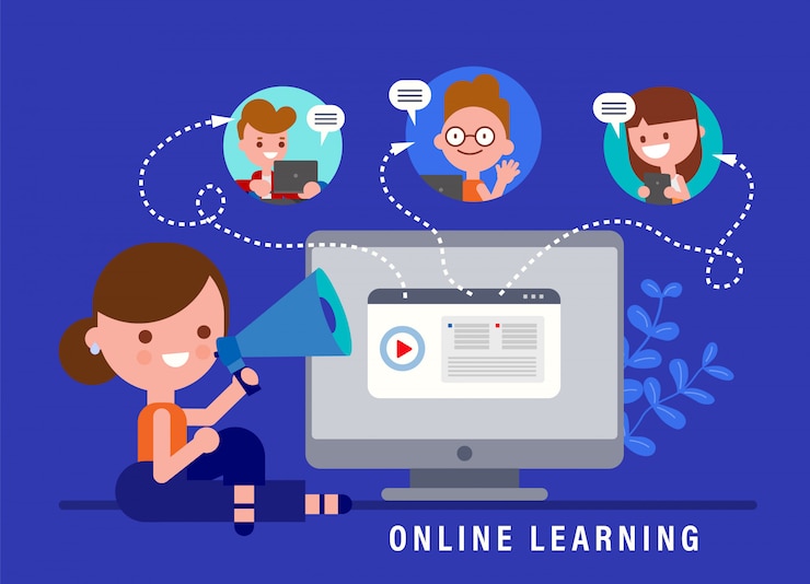 Vector ilustración de concepto de educación en línea de e-learning. profesor en línea en computadora. niños que estudian en casa a través de internet. vector de dibujos animados en el estilo de diseño plano.