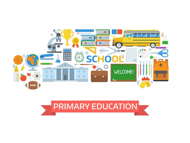 Ilustración del concepto de educación primaria Elementos de estudio y aprendizaje estilizados en forma de autobús escolar