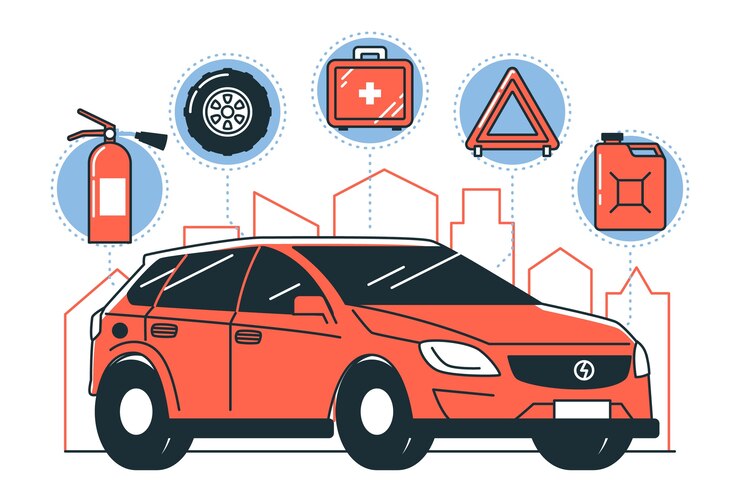 Vector ilustración del concepto de los elementos esenciales del kit de emergencia en carretera