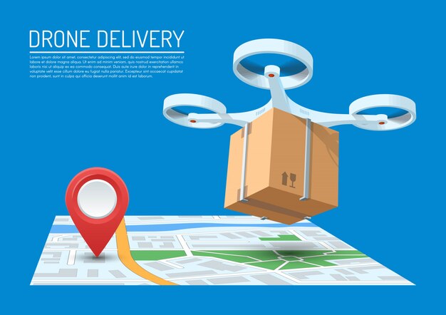 Ilustración del concepto de entrega de aviones no tripulados. Quadcopter volando sobre un mapa y llevando un paquete