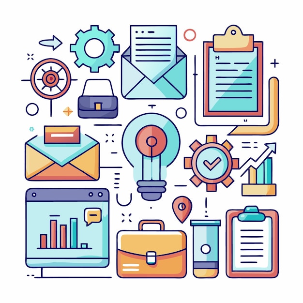 Ilustración del concepto de estrategia de negocio y desarrollo de ideas con íconos