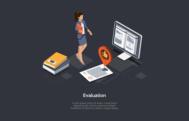 Ilustración del concepto de evaluación. Composición vectorial isométrica, estilo de dibujos animados 3D. Fondo oscuro, texto. Evaluación de trabajos escolares o universitarios. Aprobación de la prueba de proceso educativo, aprendizaje y graduación.