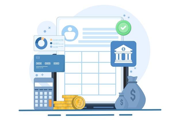 Ilustración del concepto de gestión de transacciones financieras en línea o software de contabilidad basado en la nube
