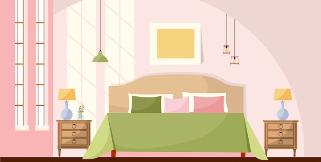 Vector ilustración de concepto de habitación interior. interior de dormitorio con cama, mesitas de noche, lámparas, cuadros y grandes ventanales con luces de sol. acogedores muebles elegantes.