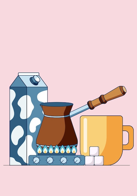 Vector ilustración del concepto de hacer café cezve en estufa de gas