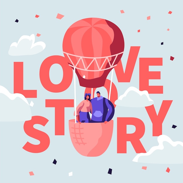 Ilustración de concepto de historia de amor con una pareja en un globo de ai caliente.