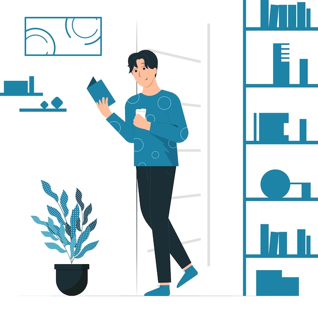 Ilustración del concepto de un hombre leyendo un libro mientras camina.