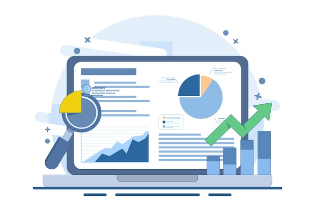 Ilustración concepto de informe de análisis de datos comerciales o personas de negocios que analizan el informe comercial