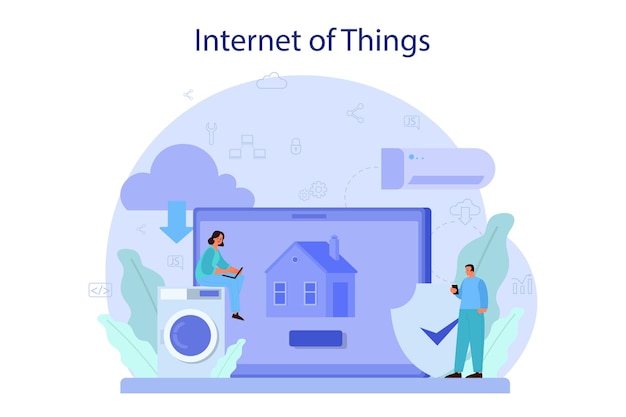 Ilustración del concepto de Internet de las cosas. Idea de nube, tecnología y hogar. Tecnología global moderna. Conexión entre dispositivos y electrodomésticos.