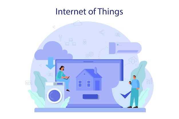 Ilustración del concepto de internet de las cosas. idea de nube, tecnología y hogar. tecnología global moderna. conexión entre dispositivos y electrodomésticos.