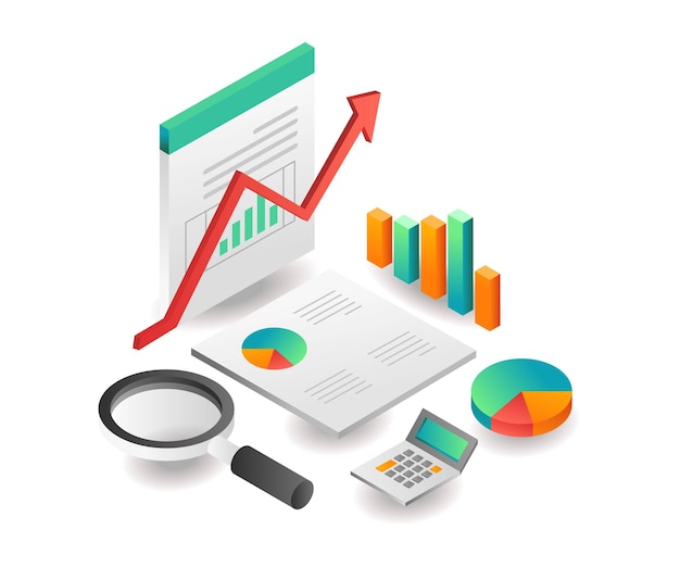 Ilustración concepto isométrico búsqueda de datos de analista de auditoría de negocios de inversión