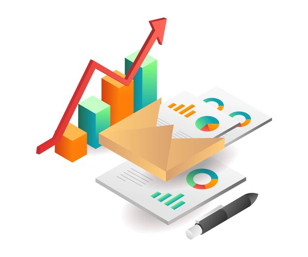 Ilustración concepto isométrico. datos de análisis de correo electrónico comercial