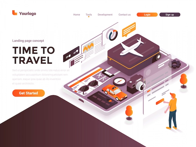 Ilustración de concepto isométrico moderno de color plano - tiempo para viajar