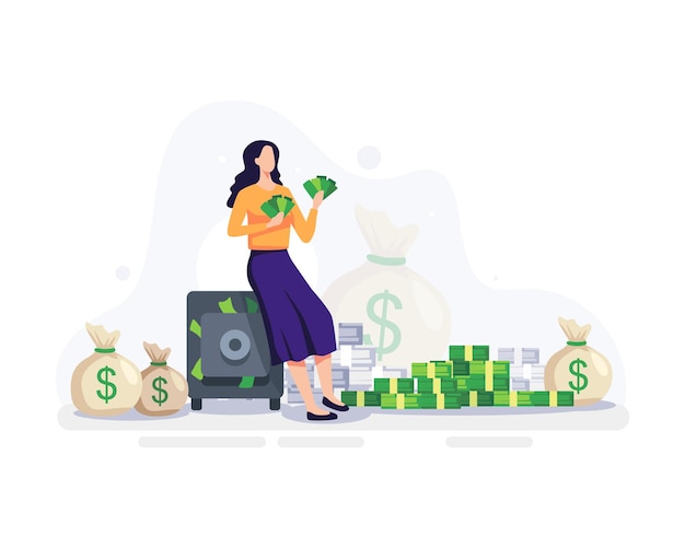 Vector ilustración del concepto de libertad financiera. mujer joven con dinero en la mano con caja fuerte y montones de dinero a su alrededor. vector en un estilo plano